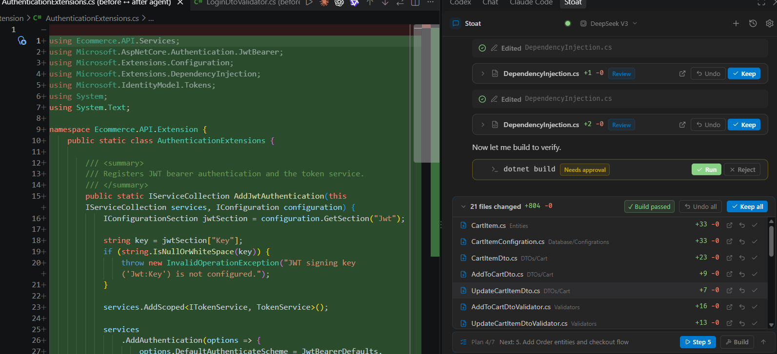 Stoat in VS Code: the editor shows a new file as a green diff; the Stoat panel lists edits with Review, Undo and Keep buttons, a dotnet build command waiting for approval, and a summary of 21 files changed with Build passed and Plan step 4 of 7.