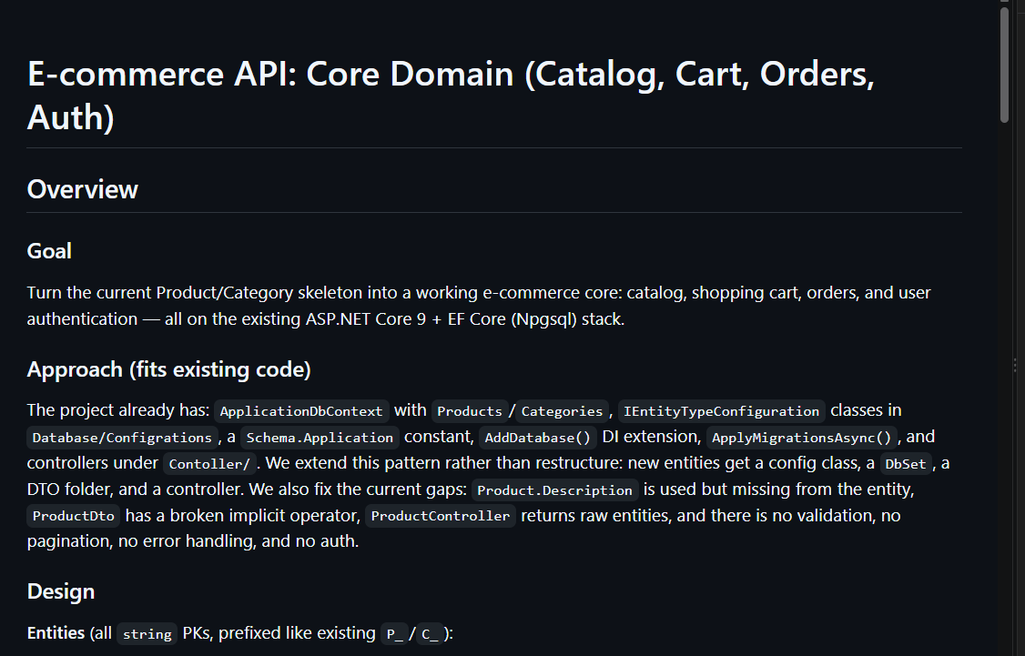 A Markdown plan titled E-commerce API: Core Domain, with Goal, Approach and Design sections that reference the project's existing classes.