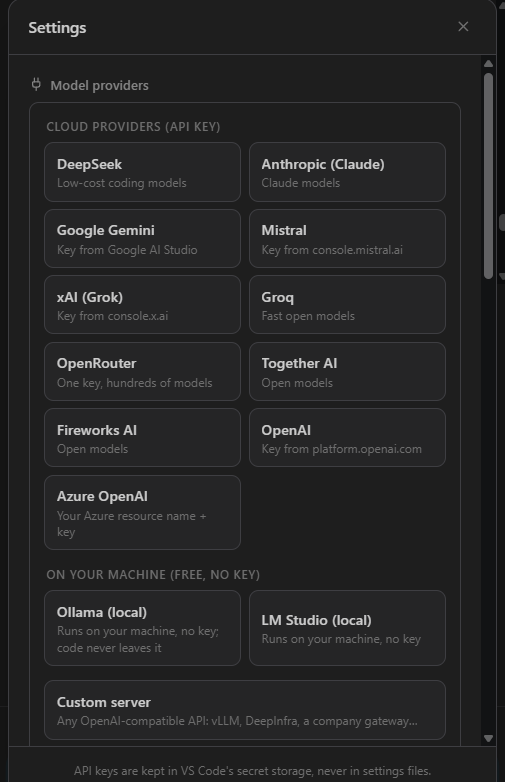 Stoat's model provider settings: DeepSeek, Anthropic, Google Gemini, Mistral, xAI, Groq, OpenRouter, Together AI, Fireworks, OpenAI and Azure OpenAI, plus Ollama and LM Studio on your machine and a custom server.